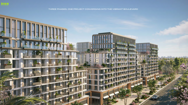 Moderne gebouwen langs levendige boulevard.